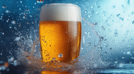 Make an advertising photo of cold beer with foam in a glass, with a splash of water in the background