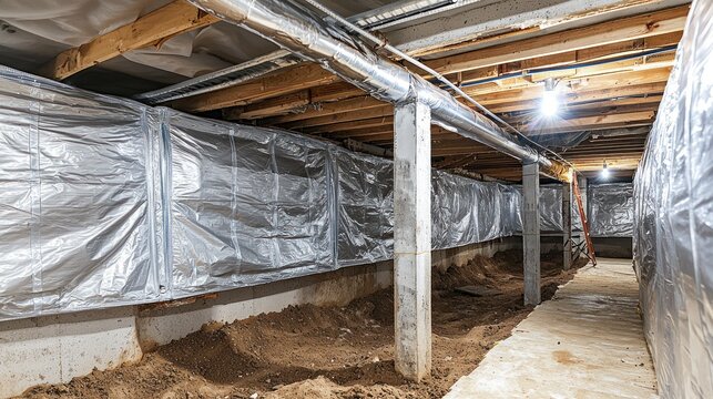 Crawl space with foil insulation, concrete supports, exposed earth, and ductwork