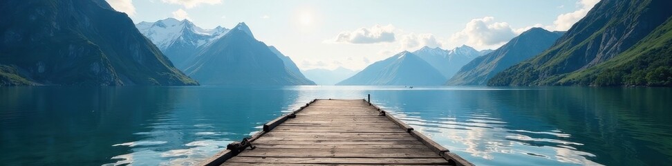 Old wooden pier extends into fjord, majestic mountains backdrop , green, fjord, texture