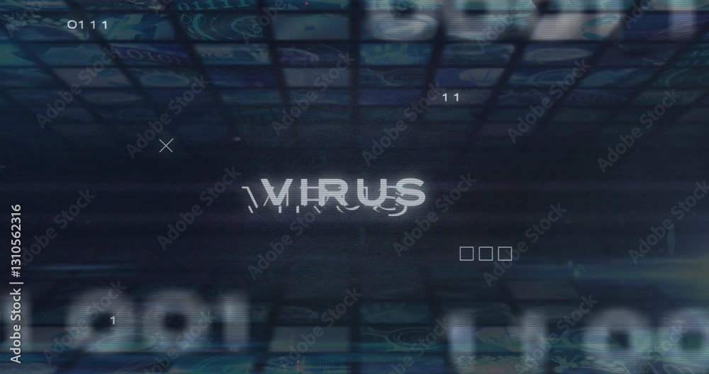 Poster digital virus text animation over abstract background with binary code and patterns