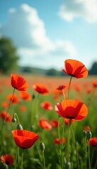 Obraz premium Vibrant red poppies bloom in a sun-drenched summer meadow , wildflower, photo