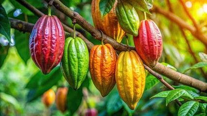 Colorful organic cacao fruit pods hang from a cacao tree in its natural tropical habitat amidst lush green leaves and vines, plant life, tropical habitat