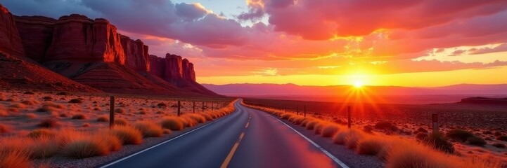 Sunrise over fiery sandstone cliffs, paved road leads into distance, cliff, road