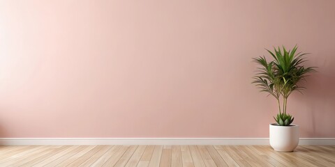Elegant minimalist pink wall with a solitary home plant sitting on a wooden floor, neutral tones, simple design