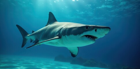 Fototapeta premium A hammerhead shark, mouth agape, hunts in blue water, open mouth, nature photography