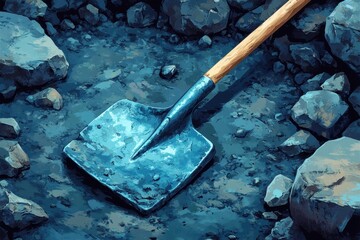 Weathered Metal Shovel Lying on Rocky Soil Surface Captures the Essence of Manual Labor, Highlighting Rugged Stone Terrain and Wooden Handle Texture