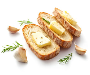 Bread slices with fresh butter and garlic on white background with space for text