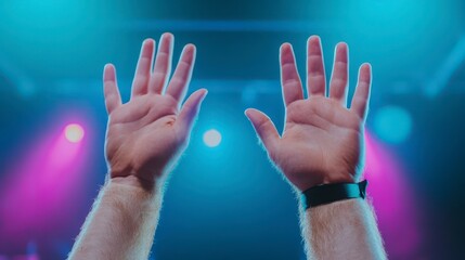 Fototapeta premium Hands Raised in Celebration Under Colorful Stage Lights