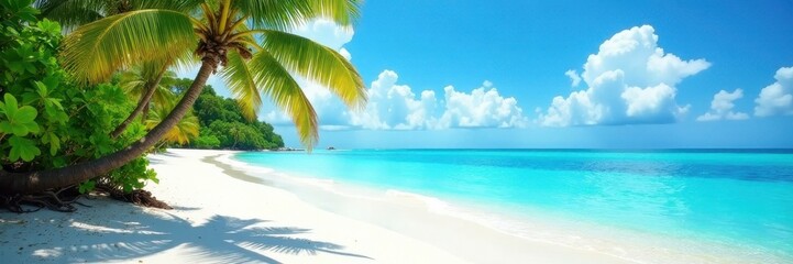Azure waters lap white sand, lush palms sway gently , palm leaves, holiday, turquoise