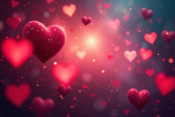 Blurred bokeh lights with floating red and white hearts , magical, valentine