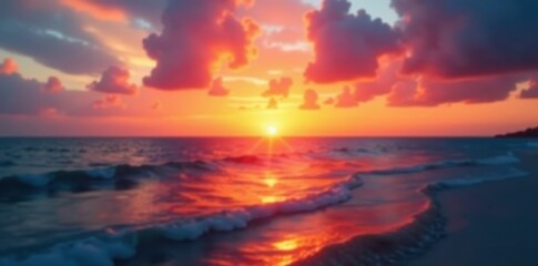 Naklejka premium Blurred sunset paints the sea with orange and red streaks, creating a dynamic backdrop , backdrop, motion, dramatic