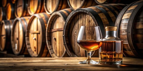 Aged whiskey liquid in a large glass container with oak barrels in the background,liquids,  liquids, fermentation tank