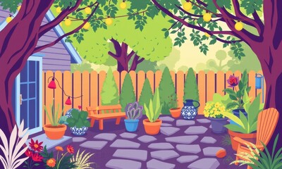 Lush Backyard Oasis with Various Potted Plants, Trees, and Seating Area Creating a Peaceful Garden Atmosphere with Vibrant Greenery and Flowers