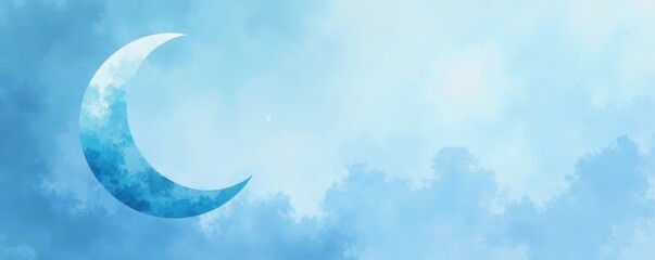 Pale blue crescent moon, soft watercolor wash , blue, new moon