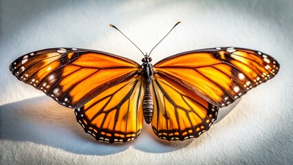 Obraz premium Large Orange Butterfly with Black and White Stripes on White Surface - Stock Photo