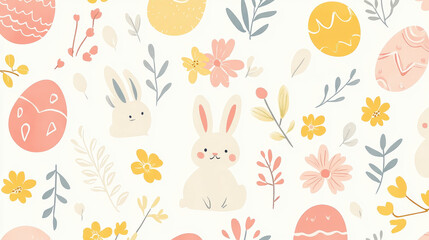 Easter seamless pattern with cute bunnies, eggs, and flowers. Vector illustration on a white background