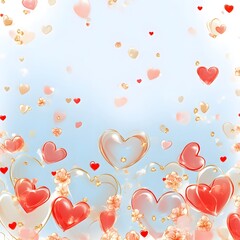 Floating hearts, flowers, light blue background