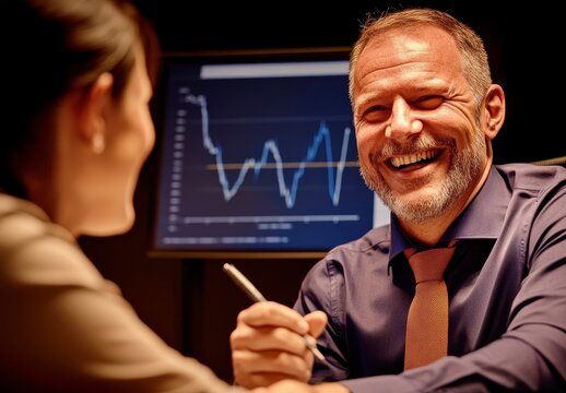 Happy Business Meeting with Smiling Man and Woman Discussing Finance