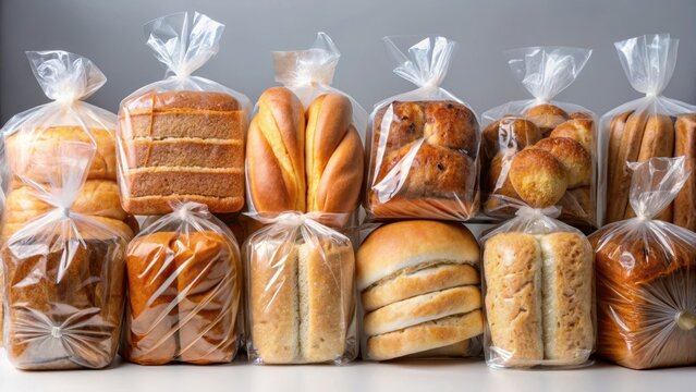 Assorted bread loaves packaged in clear plastic bags , clear plastic bags