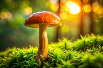 Fototapeta premium Light Brown Mushroom Growing in Deep Green Moss - Nature Stock Photo