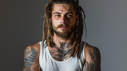 Portrait of a tattooed man with dreadlocks in studio light
