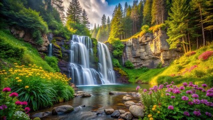 Fototapeta premium Serene waterfall cascading down a rocky cliff surrounded by dense lush green forest with towering trees and vibrant wildflowers, natural wonder, environment