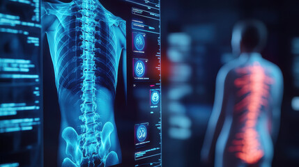 A digital medical display showing an X-ray of the spine and various areas on it