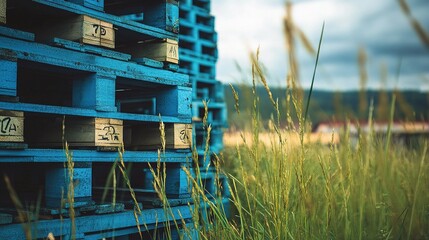 Stacks of Blue Wooden Pallets Amid Tall Grass Landscape View