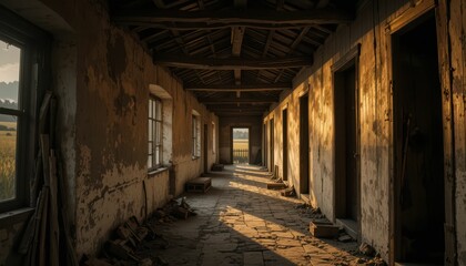 Sunlit Corridor of an Abandoned Building in Rustic Landscape