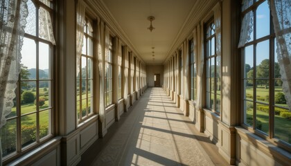 Fototapeta premium Serene Sunlit Corridor with Elegant Windows and Garden View
