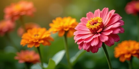 Obraz premium Sun-kissed zinnias, orange and pink hues, thriving in a summer garden , day, blossom