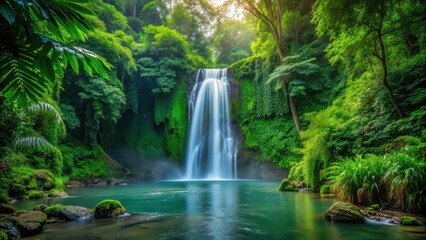 waterfall in tropical forest surrounded by lush greenery, greenery, nature,  greenery, nature, wildlife