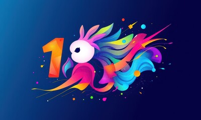 Fototapeta premium Vibrant Abstract Artwork Featuring Colorful Flowing Elements and a Dominant Number One Against a Deep Blue Background with Dynamic Designs