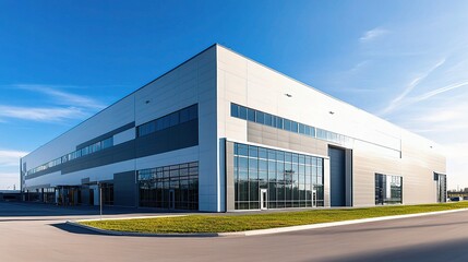 Obraz premium Large Industrial Building With Crane and Clear Blue Sky