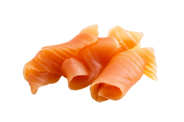 Piece of salmon is cut into thin strips and laid out on a white background, isolated