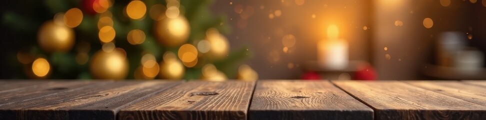 Clean wooden table, bokeh Christmas backdrop Ample copy area , holiday, green