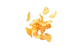 Fototapeta premium Pile of potato chips is scattered across a white background, isolated