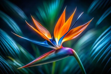 Obraz premium Long Exposure Bird of Paradise Flower, Vibrant Bloom, Exotic Plant, Night Photography, Dark Background