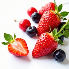 Sun-drenched strawberries, cherries, & blackberries against stark white , vibrant, organic, colorful