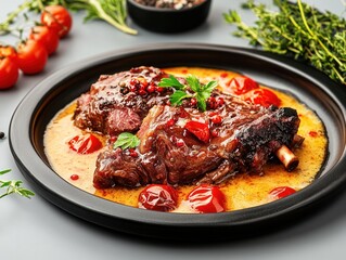 Delicious plate of hearty meat dish accompanied by colorful vegetables and garnished with fresh herbs