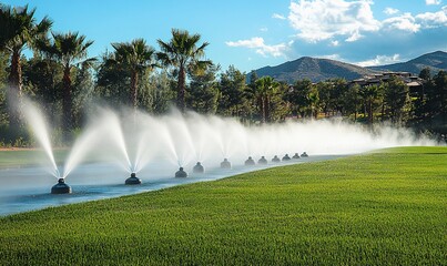 Automated Irrigation System Watering Lush Green Lawn Under Sunny Sky
