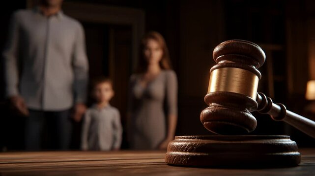 Family law and child custody decision with judge's gavel in courtroom and blurred parents with child in background