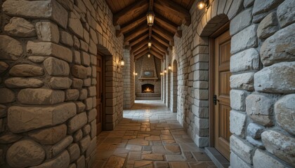 Serene Corridor with Stone Walls and Cozy Fireplace Inspiration