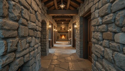 Rustic Stone Hallway with Glowing Fireplace and Cozy Atmosphere