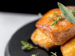 Delicious plate of gourmet food with fresh green leaf garnish on top, showcasing culinary artistry and presentation