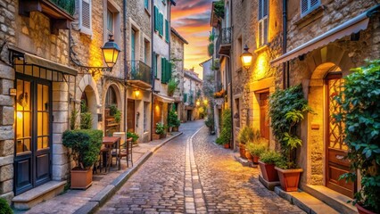 Obraz premium Narrow cobblestone street lined with historic buildings and quaint shops in Antibes old town at sunset