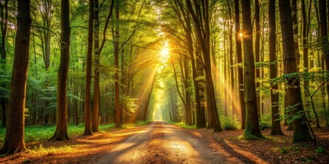 Warm sunlight casts dappled shadows on forest path surrounded by tall trees with leaves and branches stretching towards sky