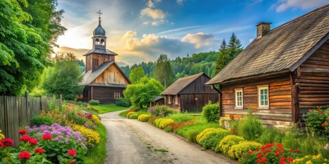 A serene landscape of a rural street with old wooden buildings and a church in the background surrounded by lush green trees and vibrant flowers , village, landscape