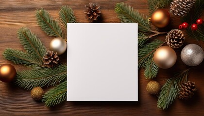 Charming Christmas Scene on Rustic Wood Table, White Card Mockup adorned with Festive Decorations, Radiating Holiday Spirit and Warmth