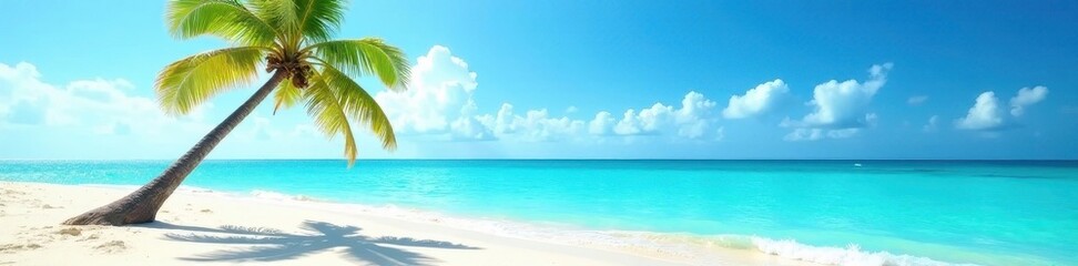 Lone palm, vibrant turquoise ocean, sun-drenched sand , vacation, getaway